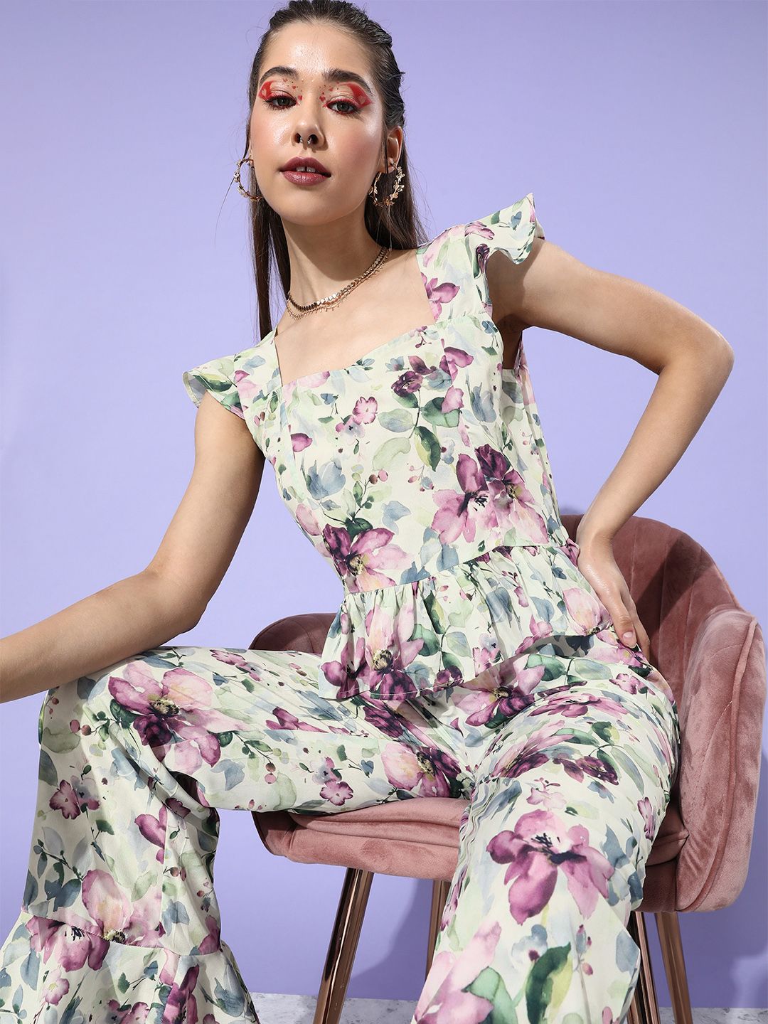 Sera Women Off-White & Purple Floral Print A-Line Jumpsuit Price in India