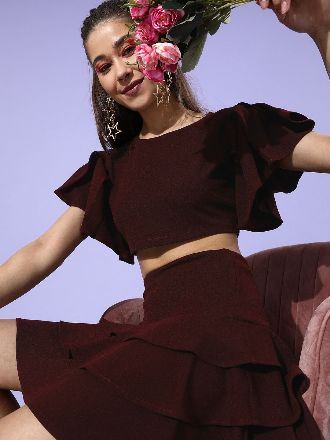 Sera Women Burgundy Solid Crop Top With Frill Skirt