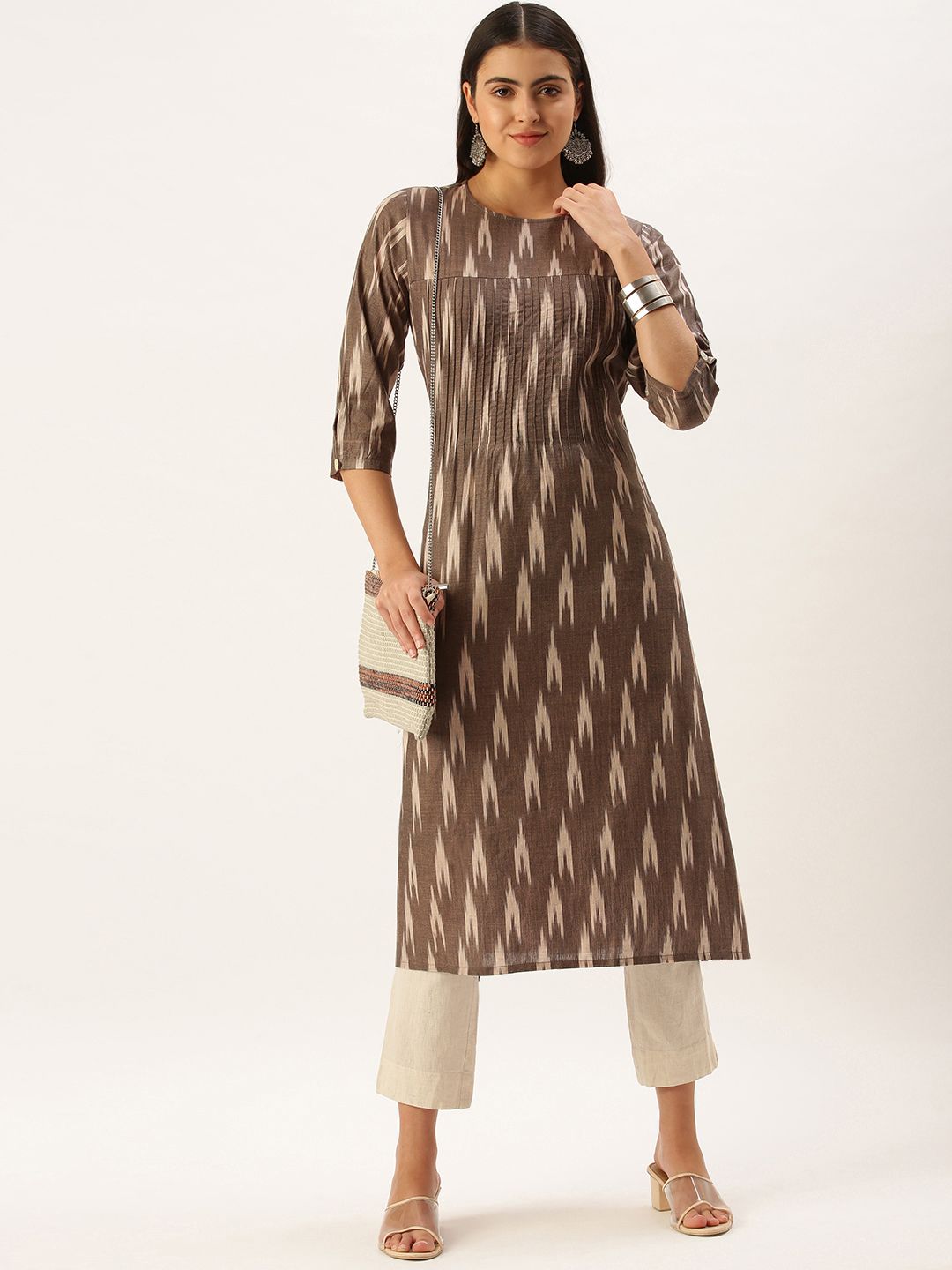 Saanjh Women Brown & White Ethnic Motifs Ikat Print Cotton Straight Kurta Price in India