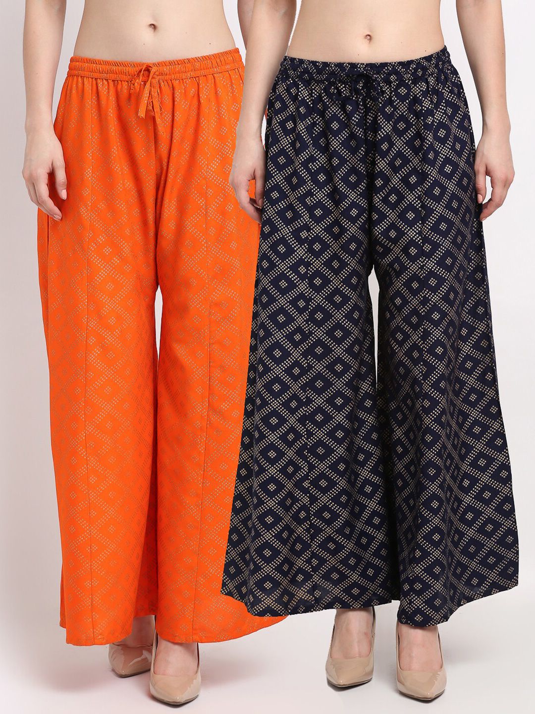 Jinfo Women Orange & Navy Blue Pack of 2 Ethnic Motifs Printed Flared Palazzos Price in India