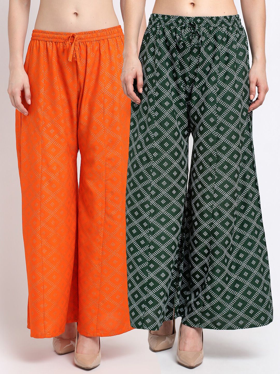 Jinfo Women Orange & Green Set Of 2 Printed Flared Ethnic Palazzos Price in India