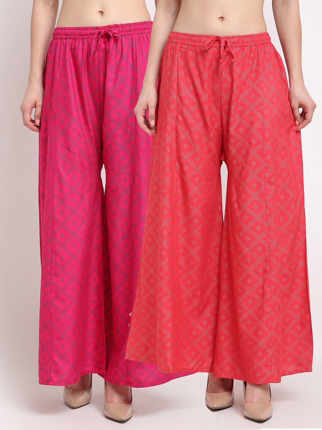 Jinfo Women Pink & Orange Pack of 2 Ethnic Motifs Printed Flared Palazzos Price in India