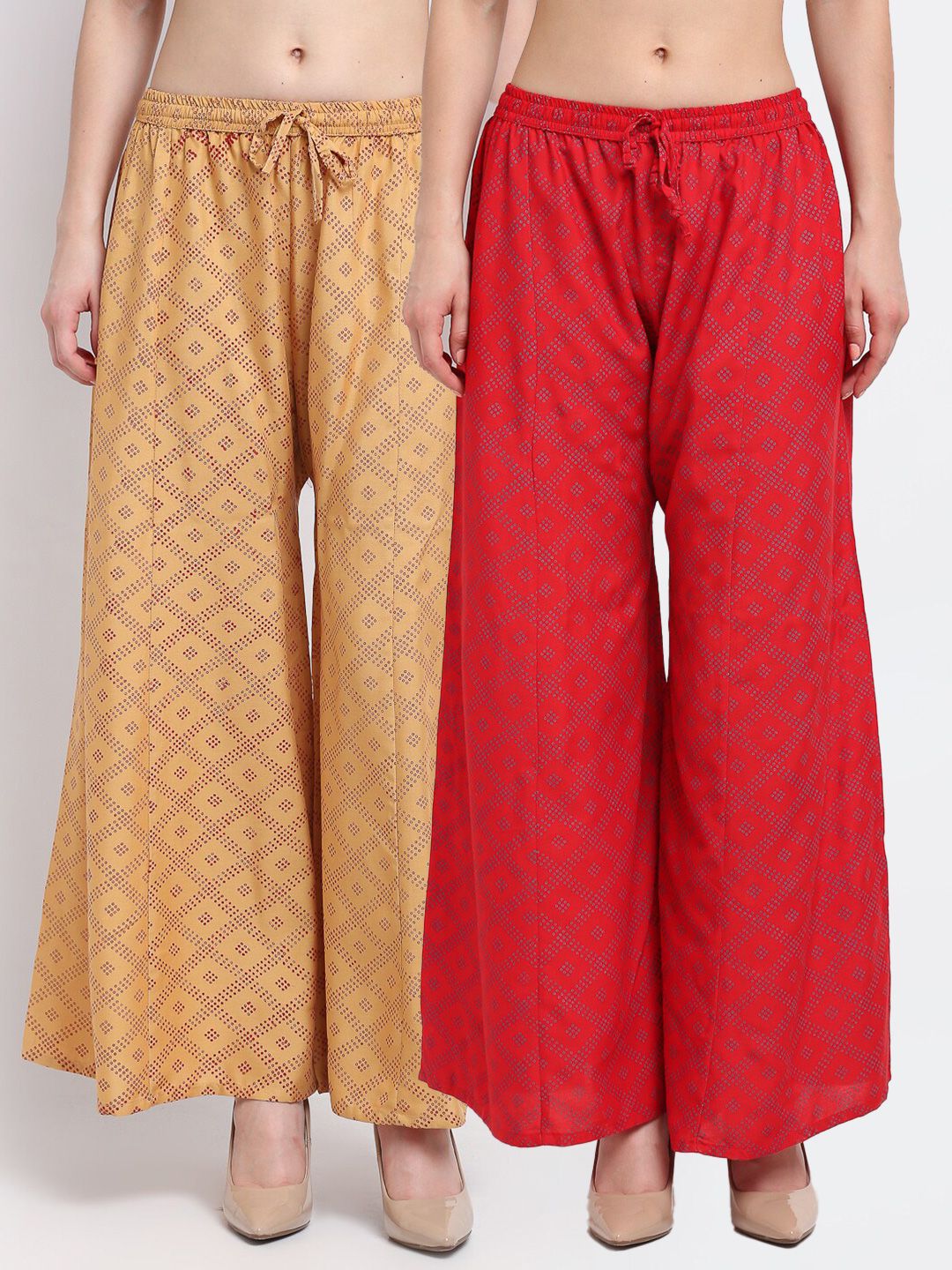 Jinfo Women Red & Beige Pack Of 2 Block Printed Flared Fit Palazzos Price in India