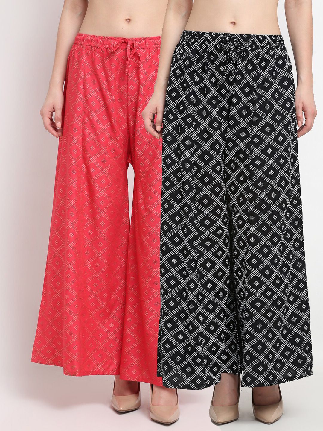 Jinfo Women Black & Orange Pack of 2 Ethnic Motifs Printed Flared Palazzos Price in India