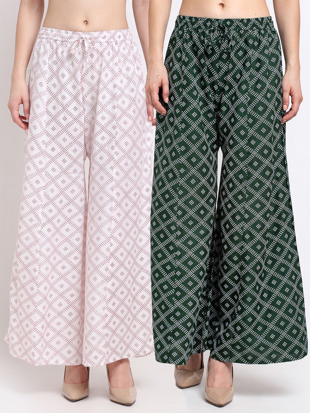 Jinfo Women White & Green Set Of 2 Printed Flared Knitted Ethnic Palazzos Price in India