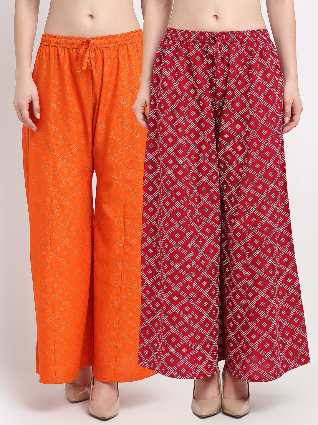 Jinfo Women Red & Orange Set Of 2 Block Printed Flared Fit Palazzos Price in India