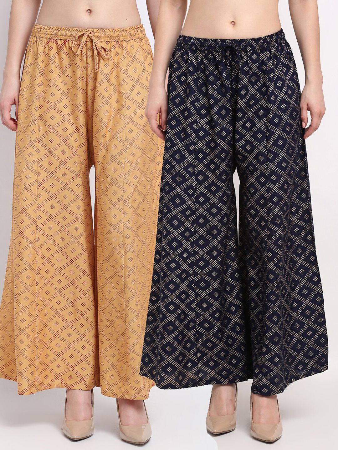 Jinfo Women Beige & Black Pack of 2 Ethnic Motifs Printed Flared Palazzos Price in India