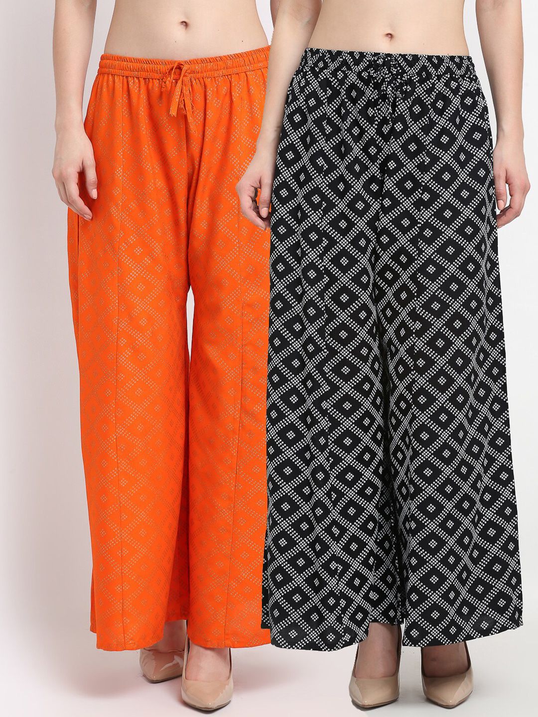 Jinfo Women Black & Orange Set of 2 Printed Flared Ethnic Palazzos Price in India