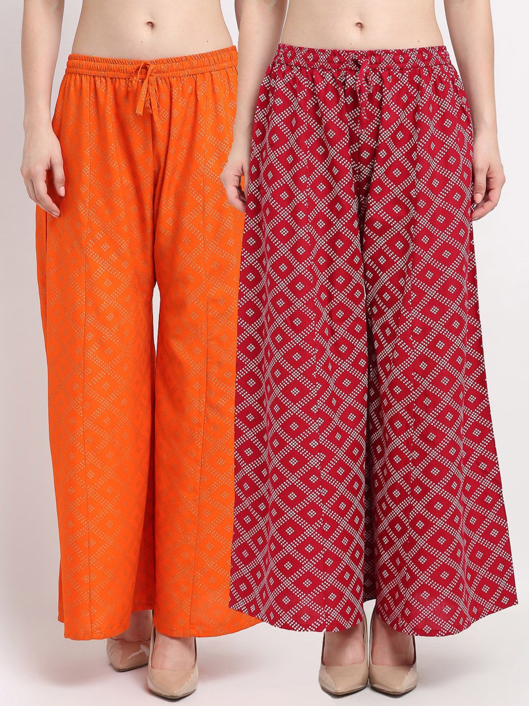 Jinfo Women Orange & Maroon Set Of 2 Printed Flared Knitted Ethnic Palazzos Price in India