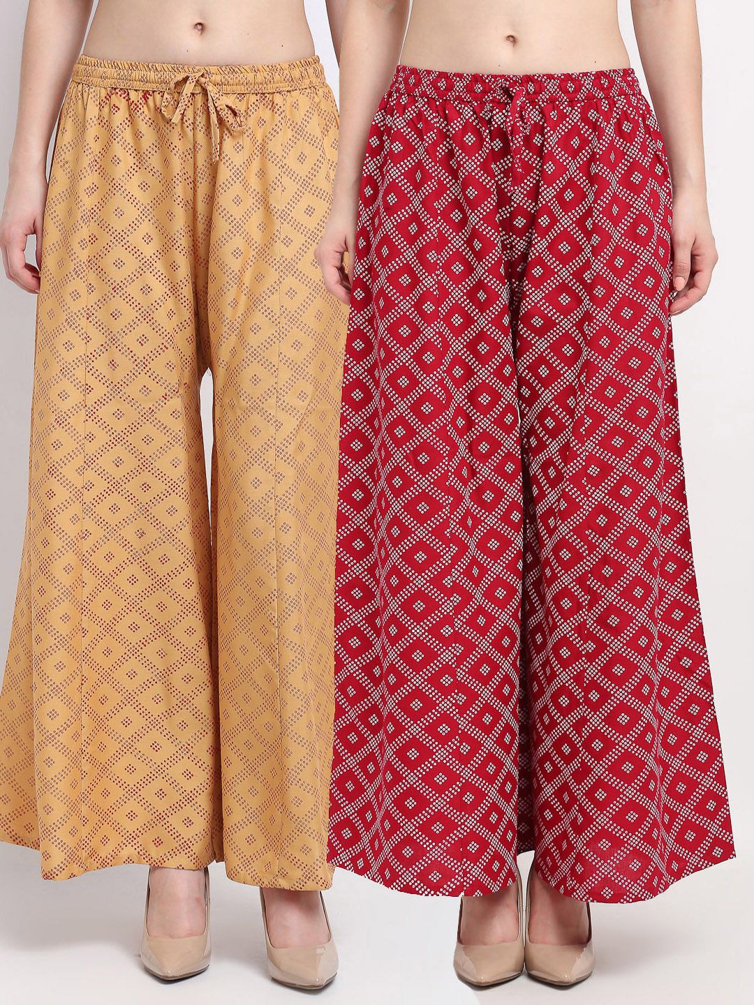 Jinfo Women Beige & Maroon Set of 2 Printed Flared Ethnic Palazzos Price in India