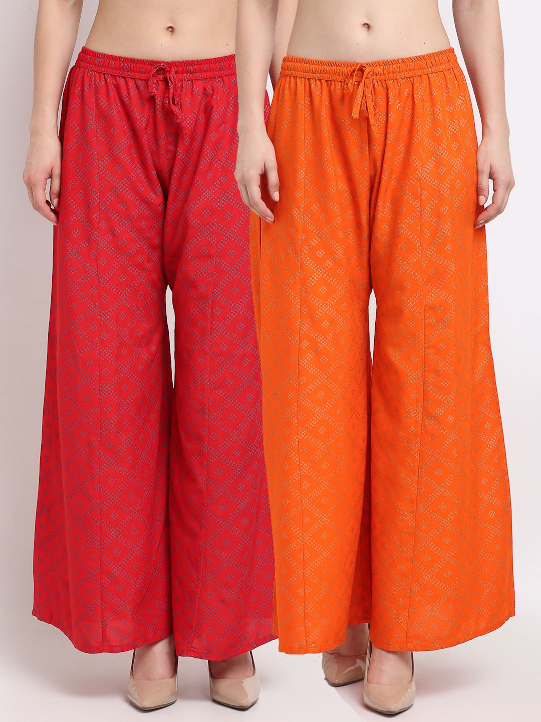 Jinfo Women Red & Orange Set Of 2 Printed Flared Ethnic Palazzos Price in India