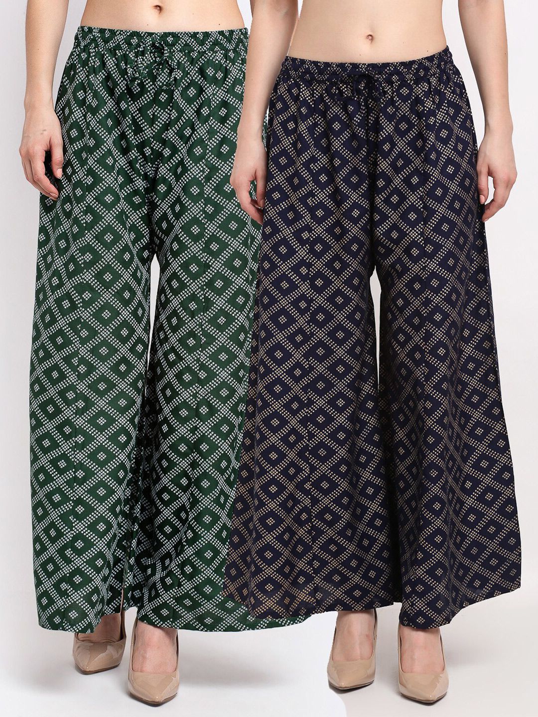 Jinfo Women Green & Navy Blue Set Of 2 Printed Flared Knitted Ethnic Palazzos Price in India