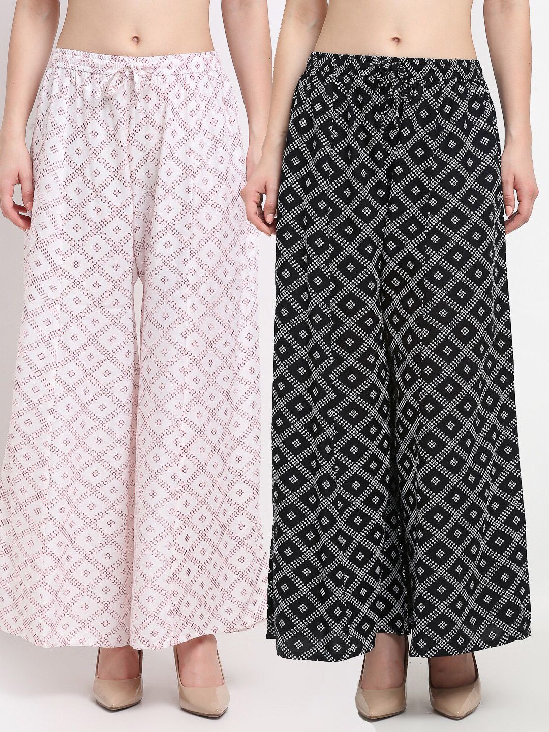 Jinfo Women Black & White Pack Of 2 Block Printed Flared Fit Palazzos Price in India