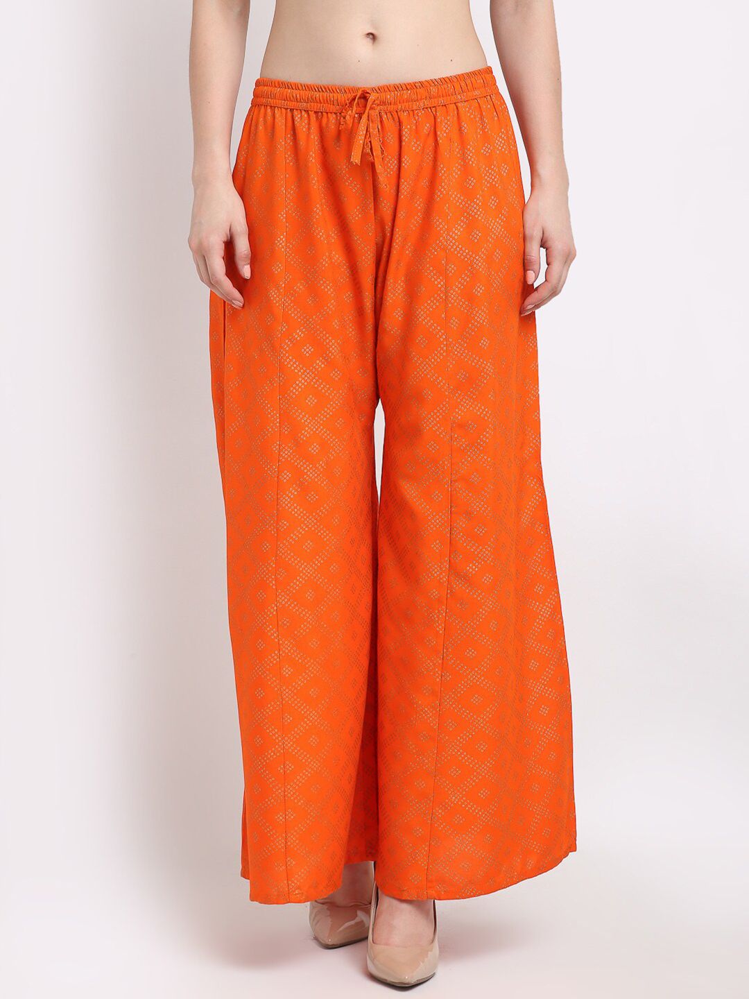 Jinfo Women Orange & Gold-Toned Ethnic Motifs Printed Flared Palazzos Price in India