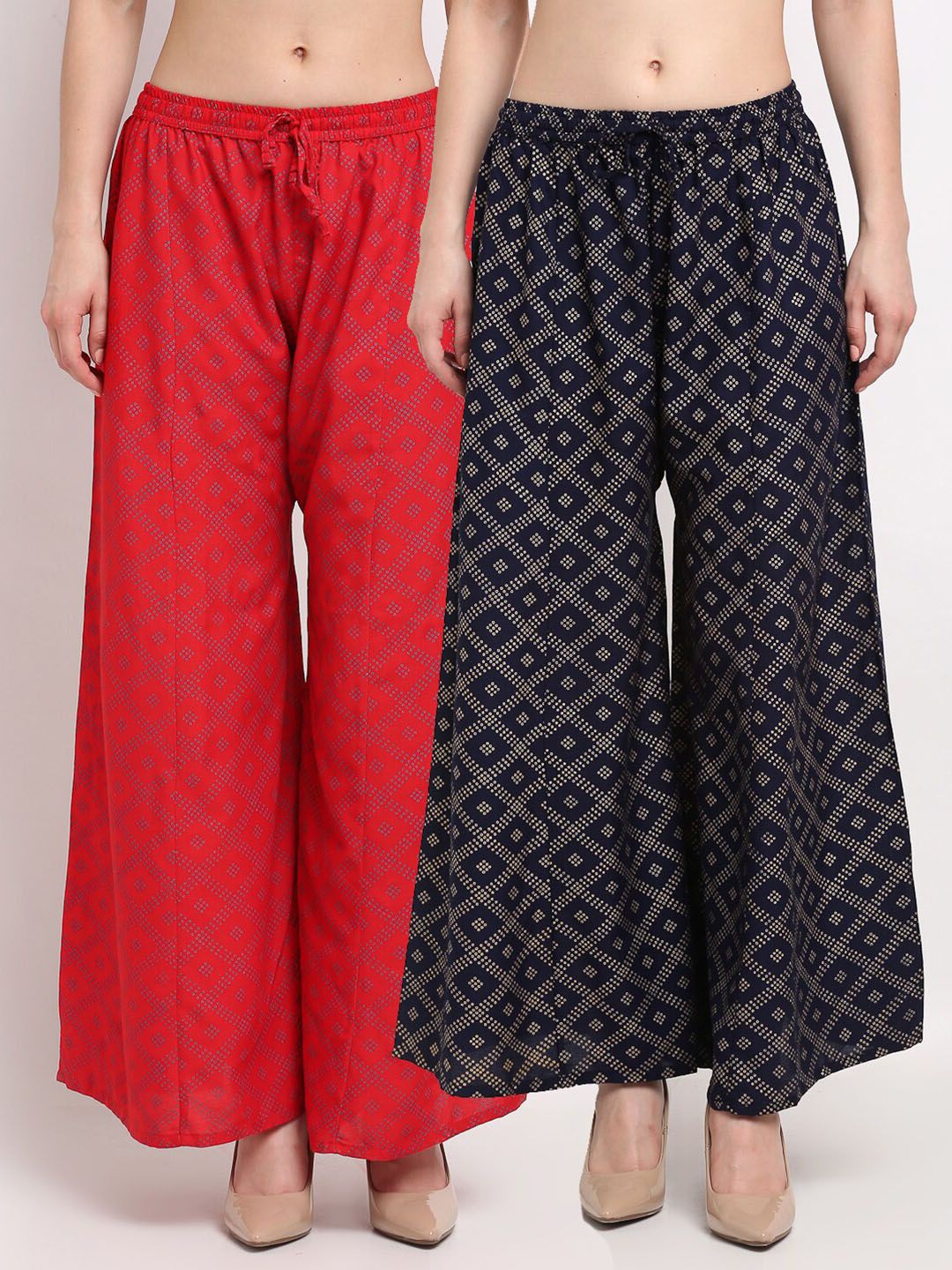 Jinfo Women Red & Navy Blue Set Of 2 Printed Flared Ethnic Palazzos Price in India