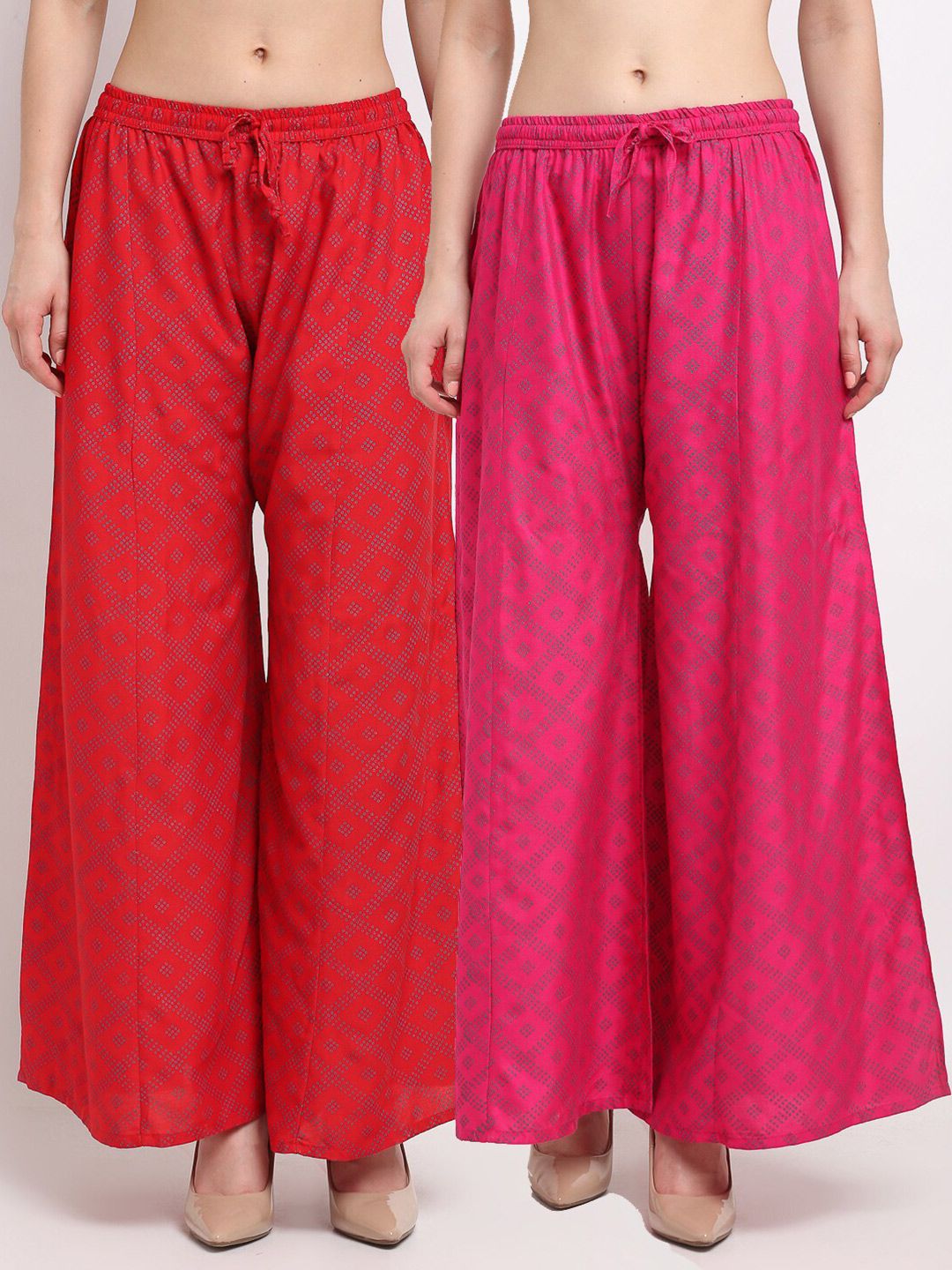 Jinfo Women Red & Pink Set of 2 Printed Flared Ethnic Palazzos Price in India