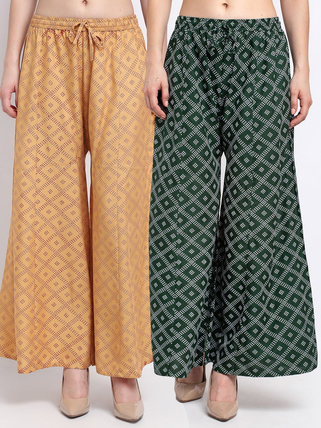 Jinfo Women Beige & Green Set Of 2 Printed Flared Ethnic Palazzos Price in India