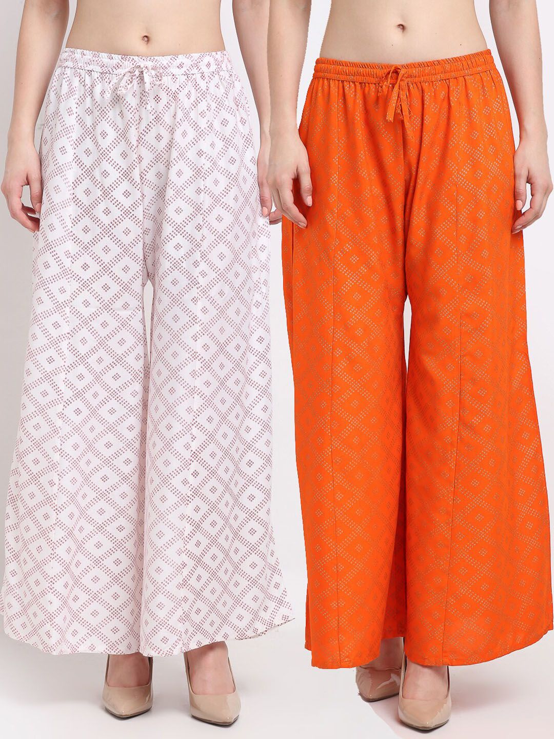 Jinfo Women White & Orange Pack of 2 Ethnic Motifs Printed Flared Palazzos Price in India