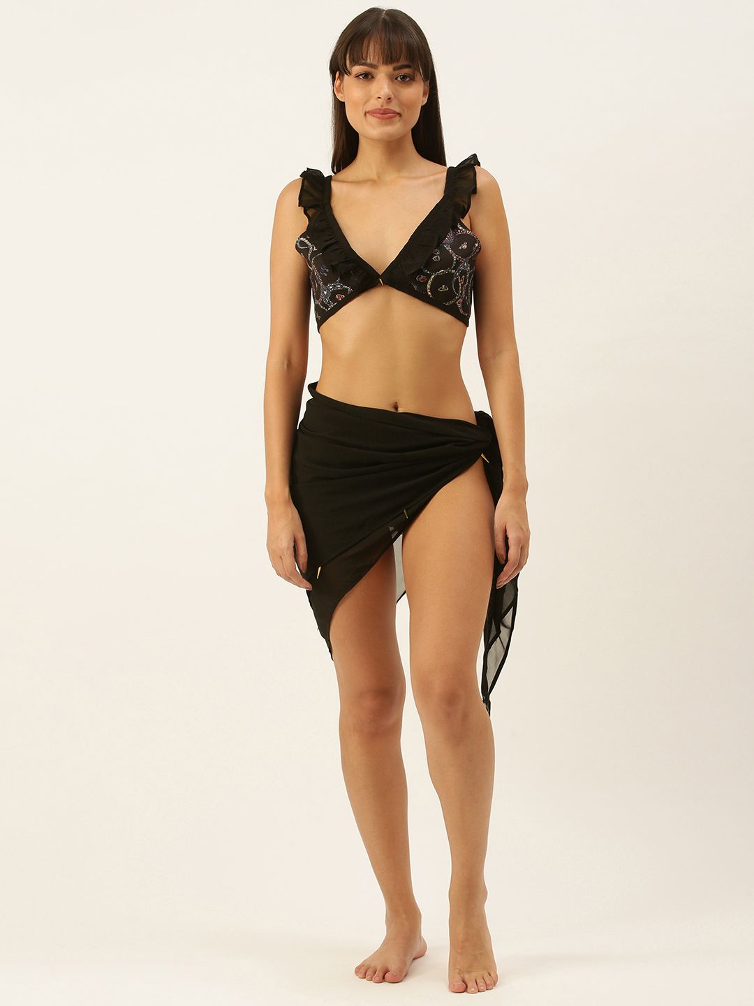 SECRETS BY ZEROKAATA Black Abstract Print Frill Bikini Set With Wraparound Sarong Price in India