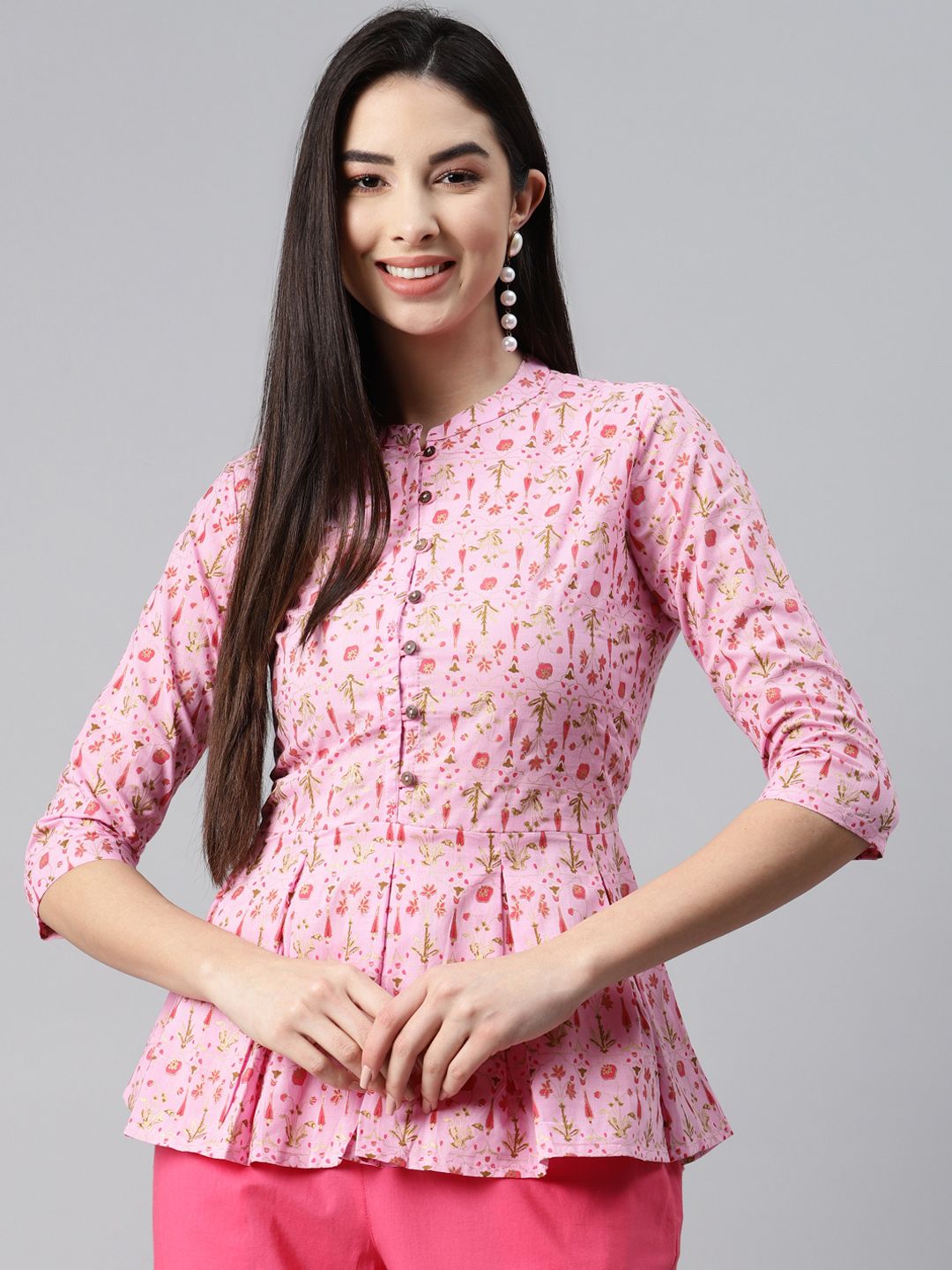 MALHAAR Pink Ethnic Motifs Printed Cambric Pleated Kurti