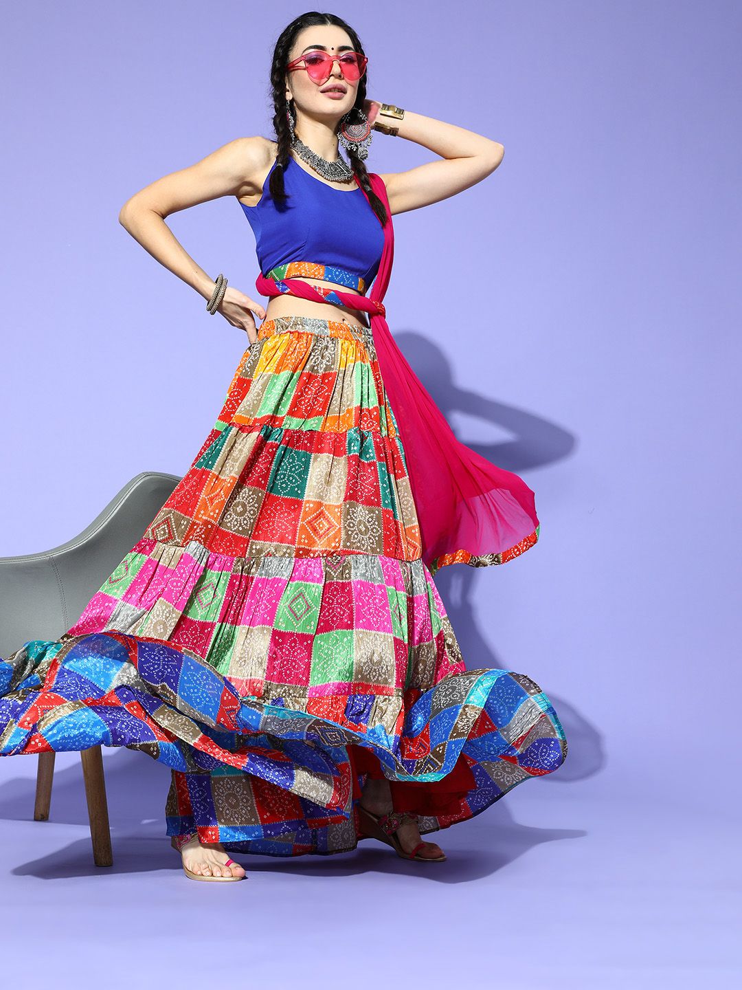 Rang Gali Women Blue & Pink Bandhani Printed Ready to Wear Lehenga Choli with Dupatta Price in India