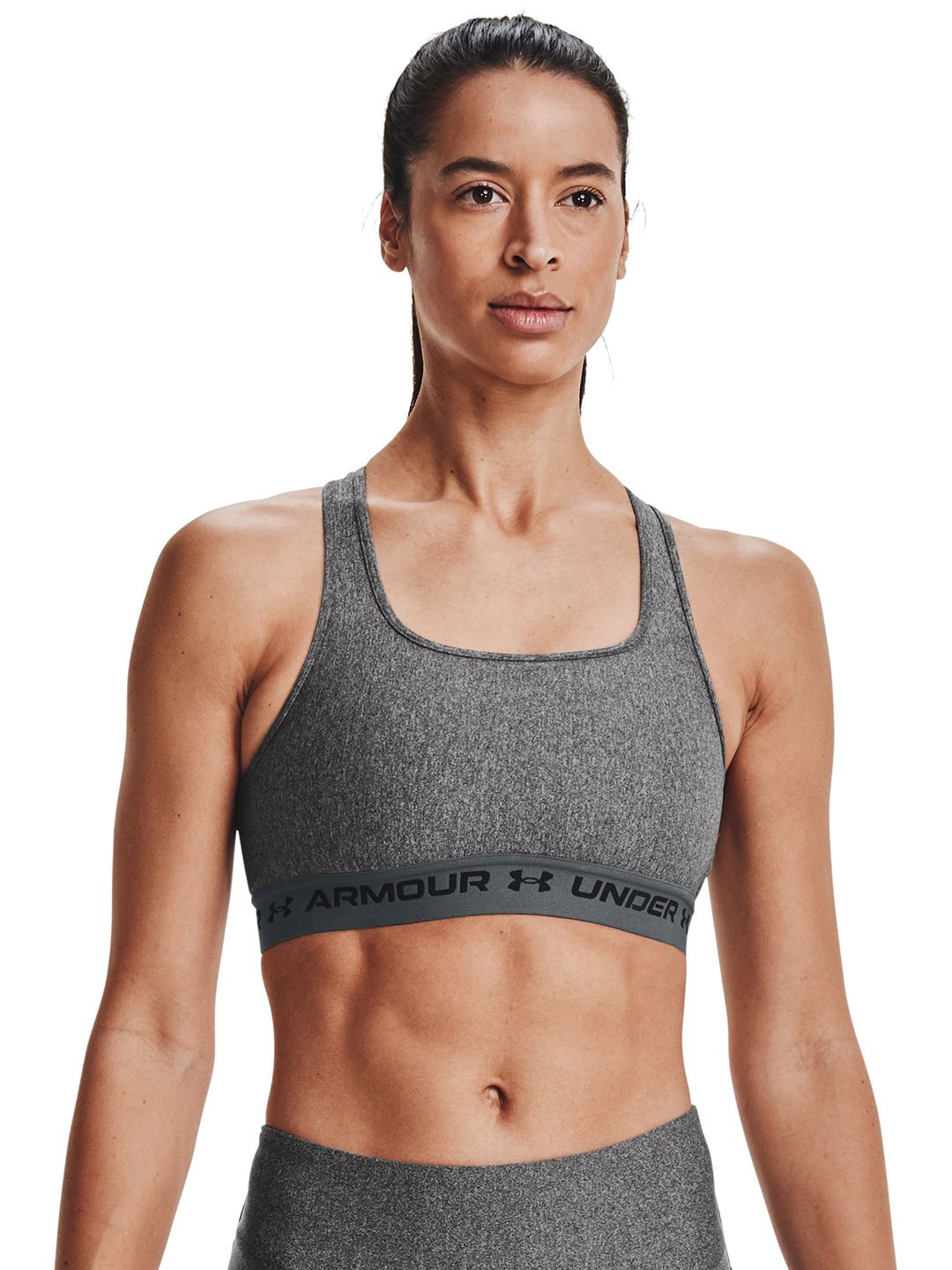UNDER ARMOUR Women Charcoal Mid Crossback Heather Lightly Padded Full Coverage Sports Bra Price in India