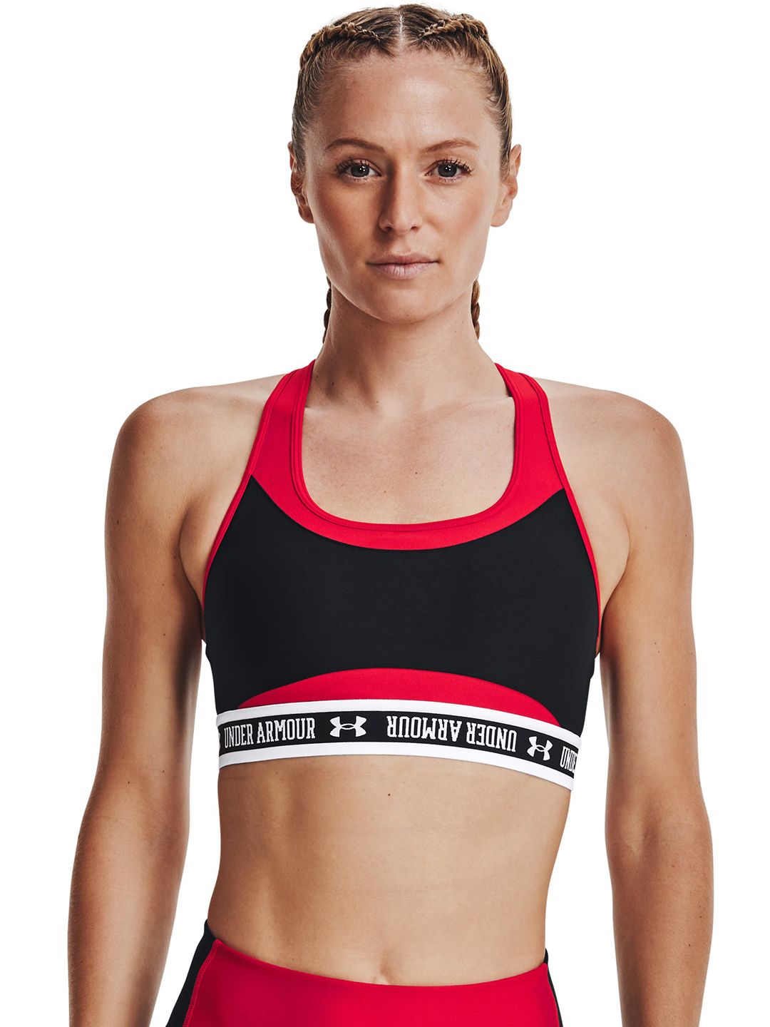 UNDER ARMOUR Women Red & Black Mid Crossback Block Sports Bra Price in India