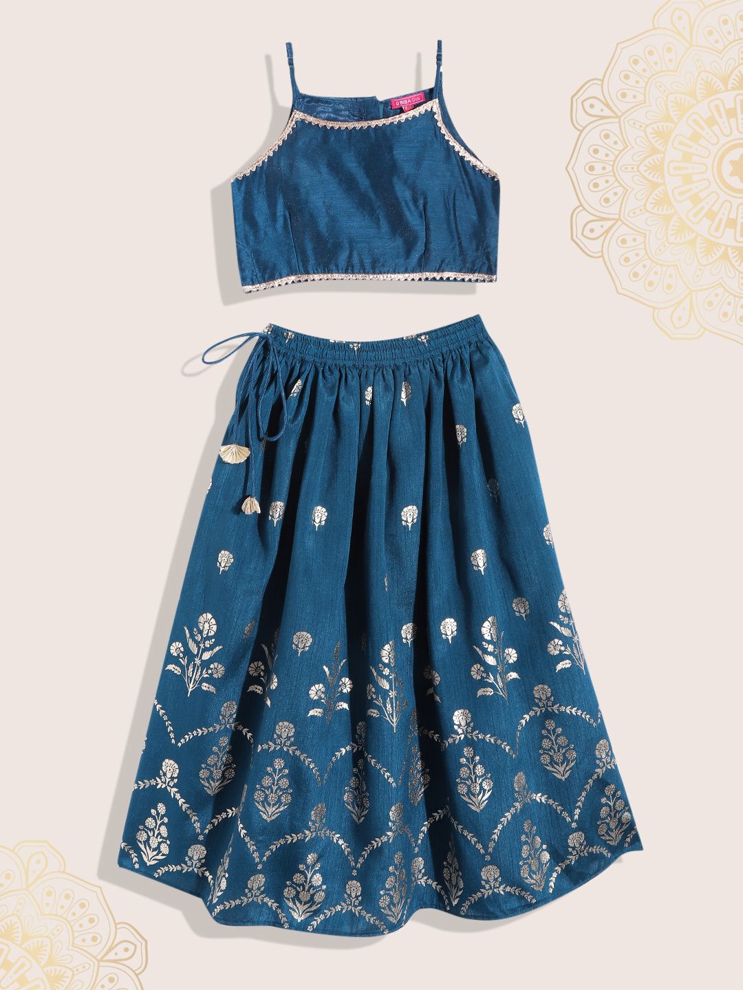 Biba Girls Teal Blue & Gold-Toned Floral Print Ready to Wear Lehenga & Blouse Price in India
