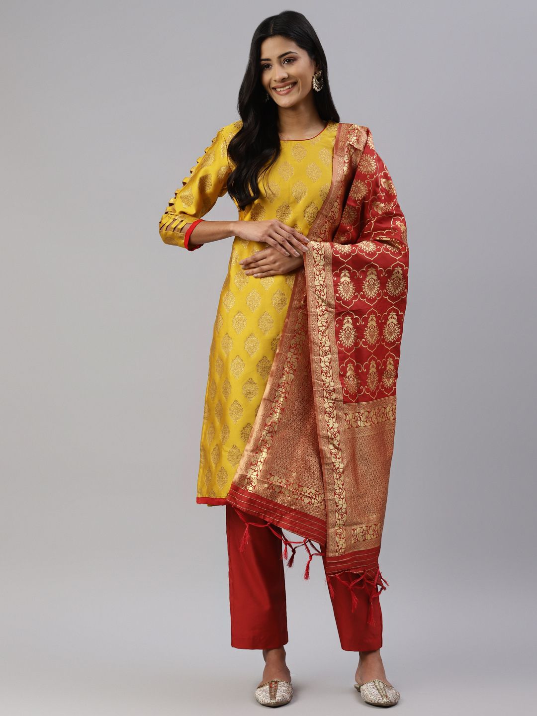 Readiprint Fashions Women Mustard Yellow & Red Raw Silk Unstitched Dress Material Price in India