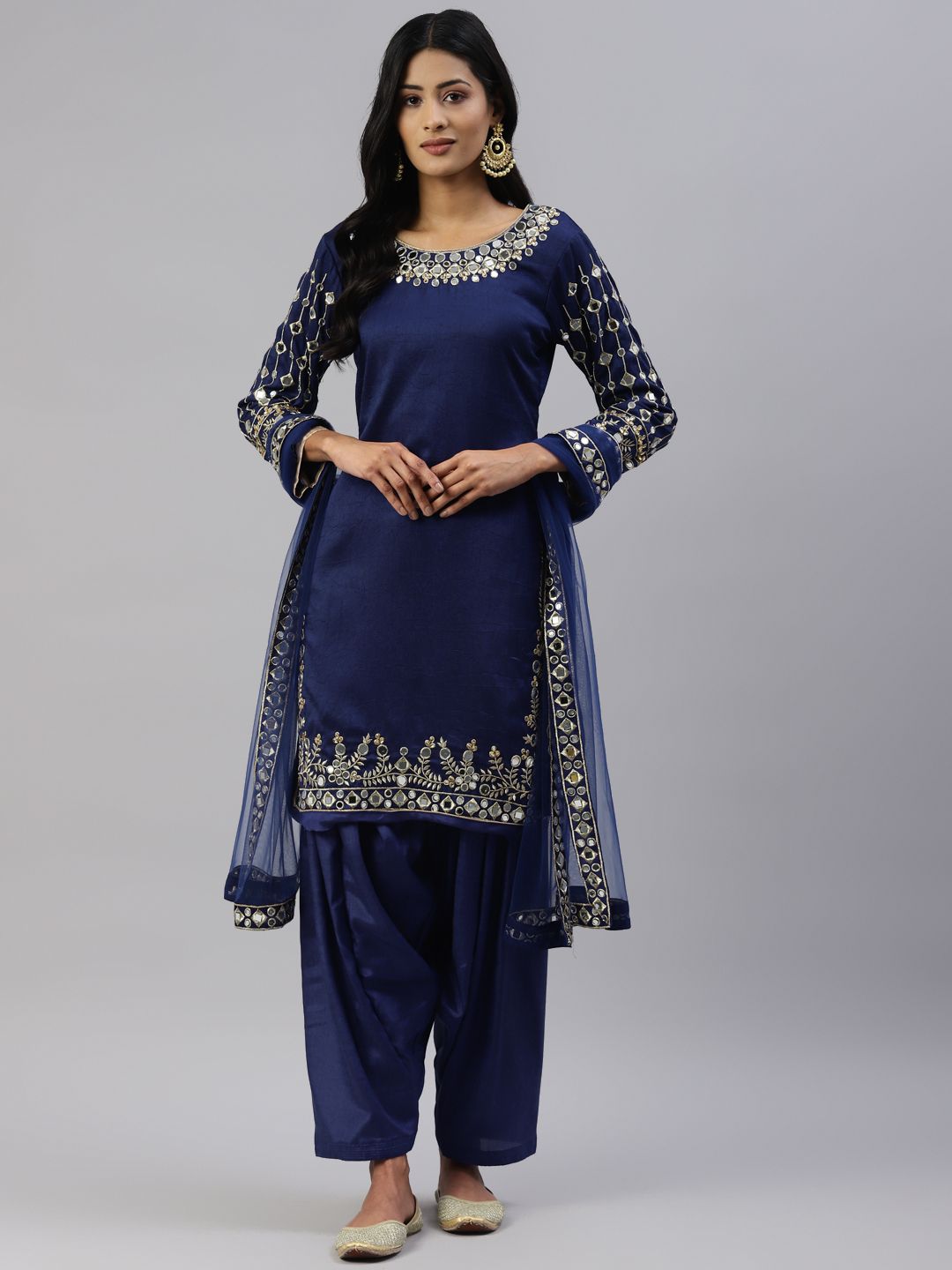 Readiprint Fashions Navy Blue Embellished Art Silk Unstitched Dress Material Price in India