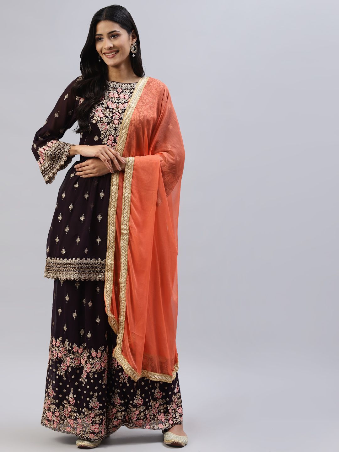 Readiprint Fashions Women Burgundy & Beige Embroidered Unstitched Dress Material Price in India