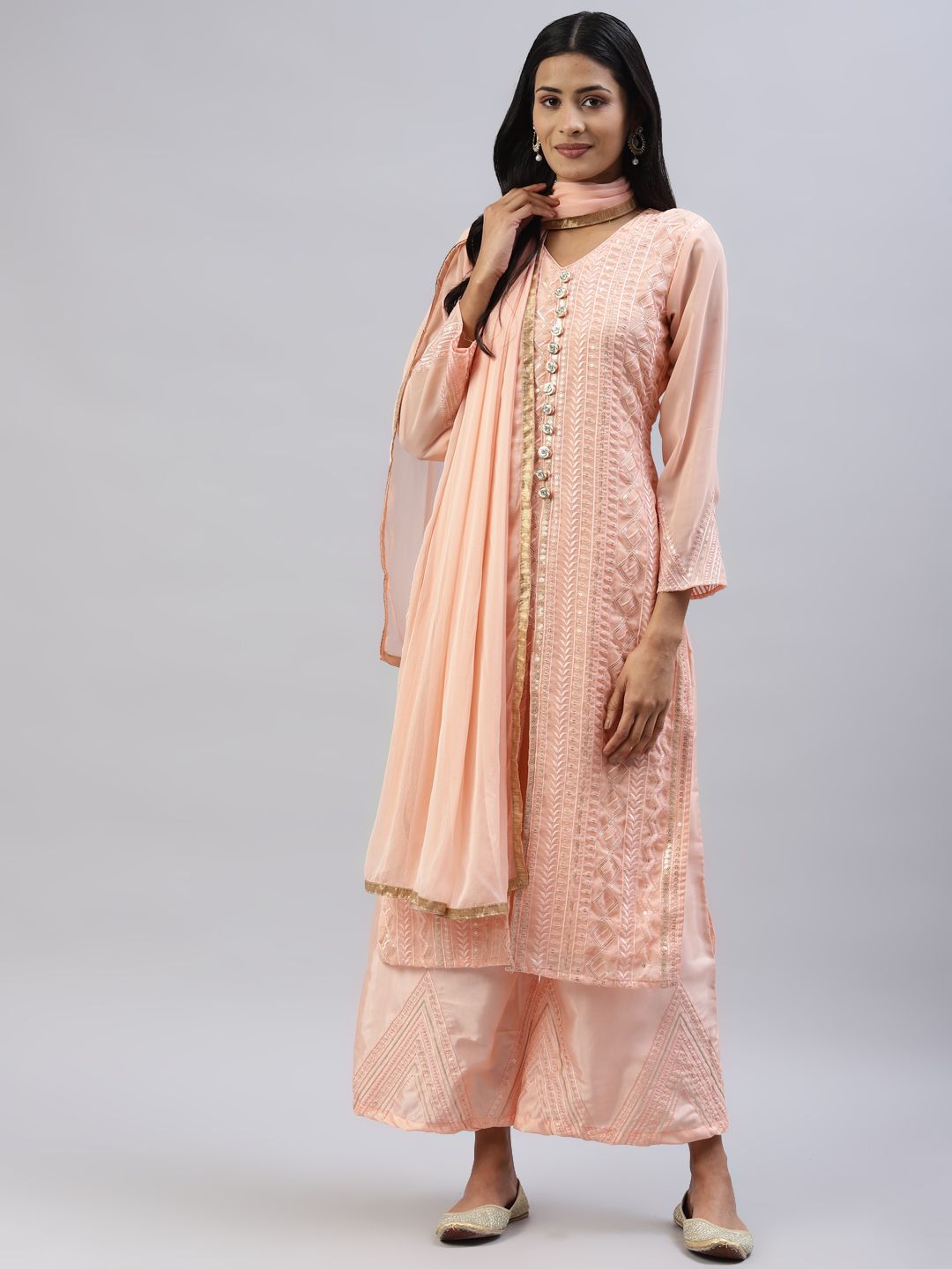 Readiprint Fashions Peach-Coloured Embroidered Unstitched Dress Material Price in India