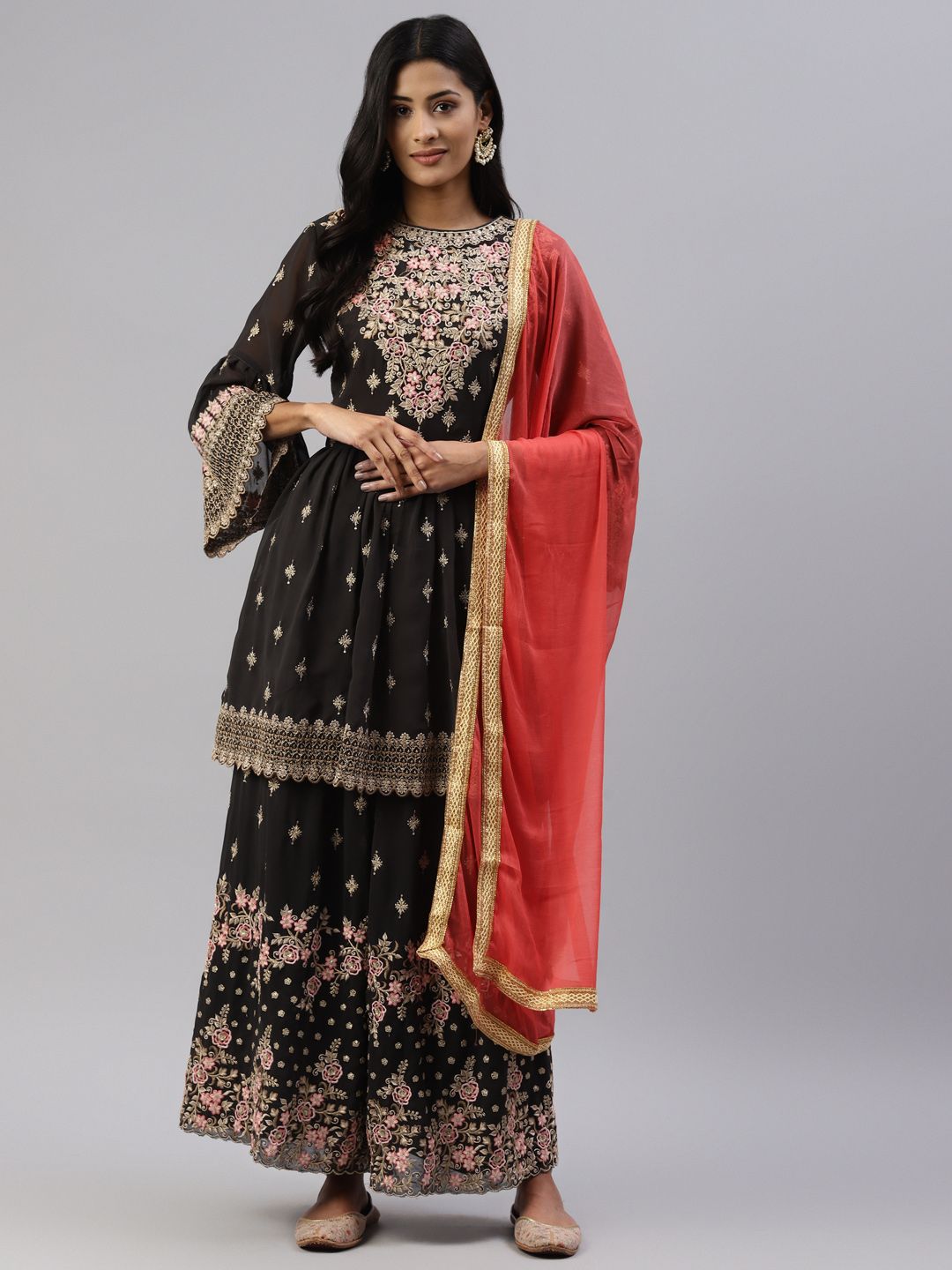 Readiprint Fashions Black & Beige Embroidered Silk Georgette Unstitched Dress Material Price in India