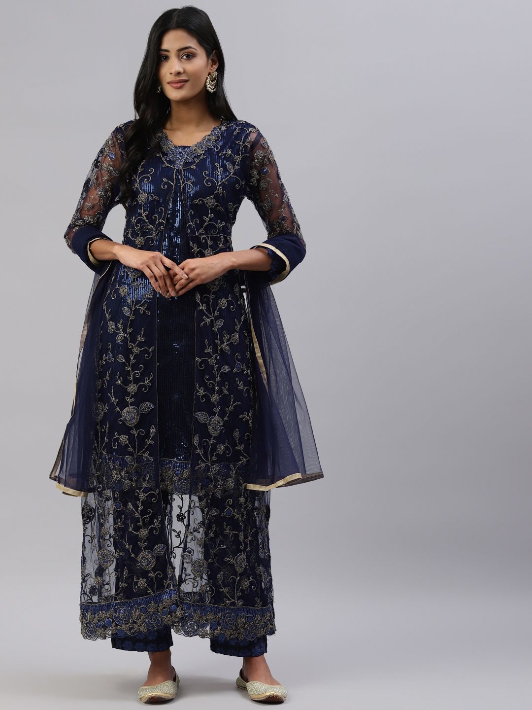 Readiprint Fashions Navy Blue & Gold-Toned Embroidered Unstitched Dress Material Price in India