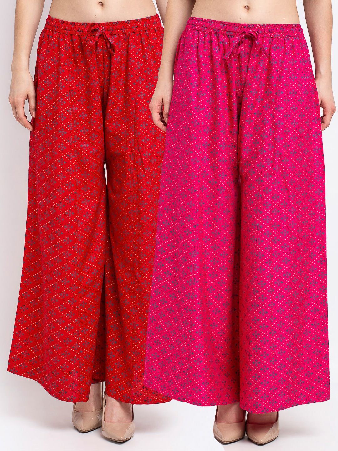 Jinfo Women Red & Pink Set Of 2 Ethnic Motifs Printed Flared Knitted Ethnic Palazzos Price in India