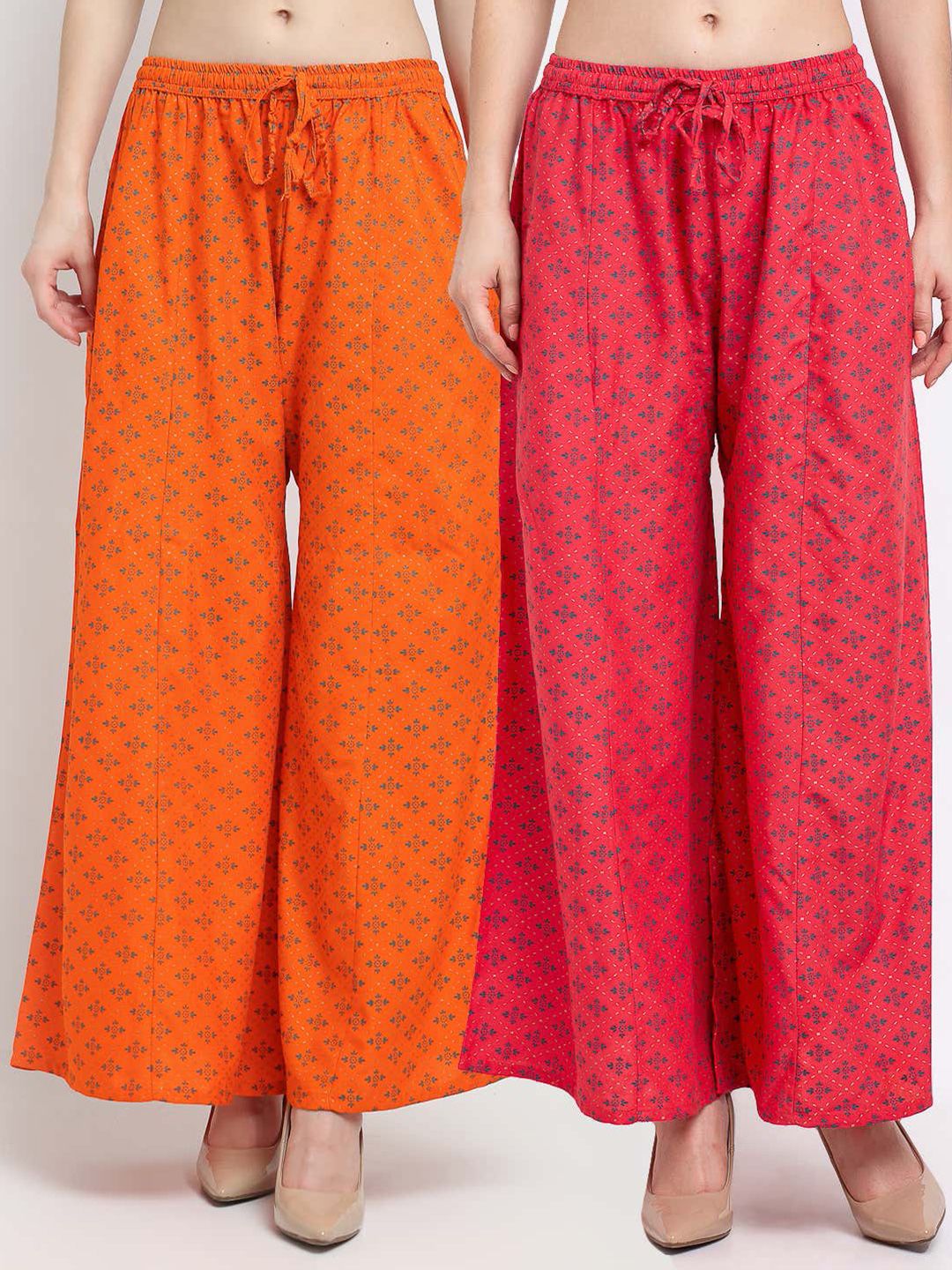 Jinfo Women Orange & Orange Set Of 2 Printed Flared Ethnic Palazzos Price in India