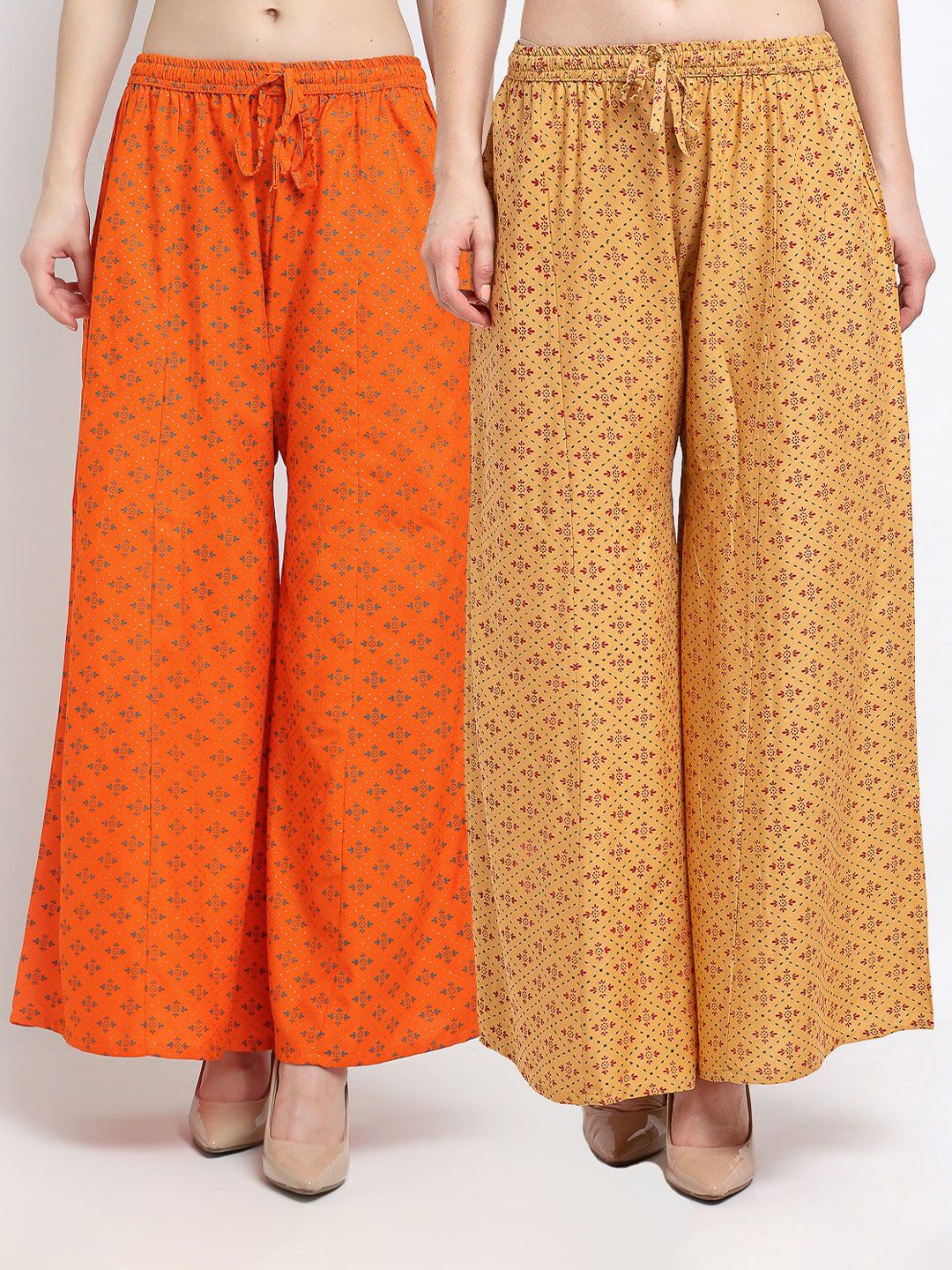 Jinfo Women Orange & Tan Set Of 2 Printed Flared Palazzos Price in India