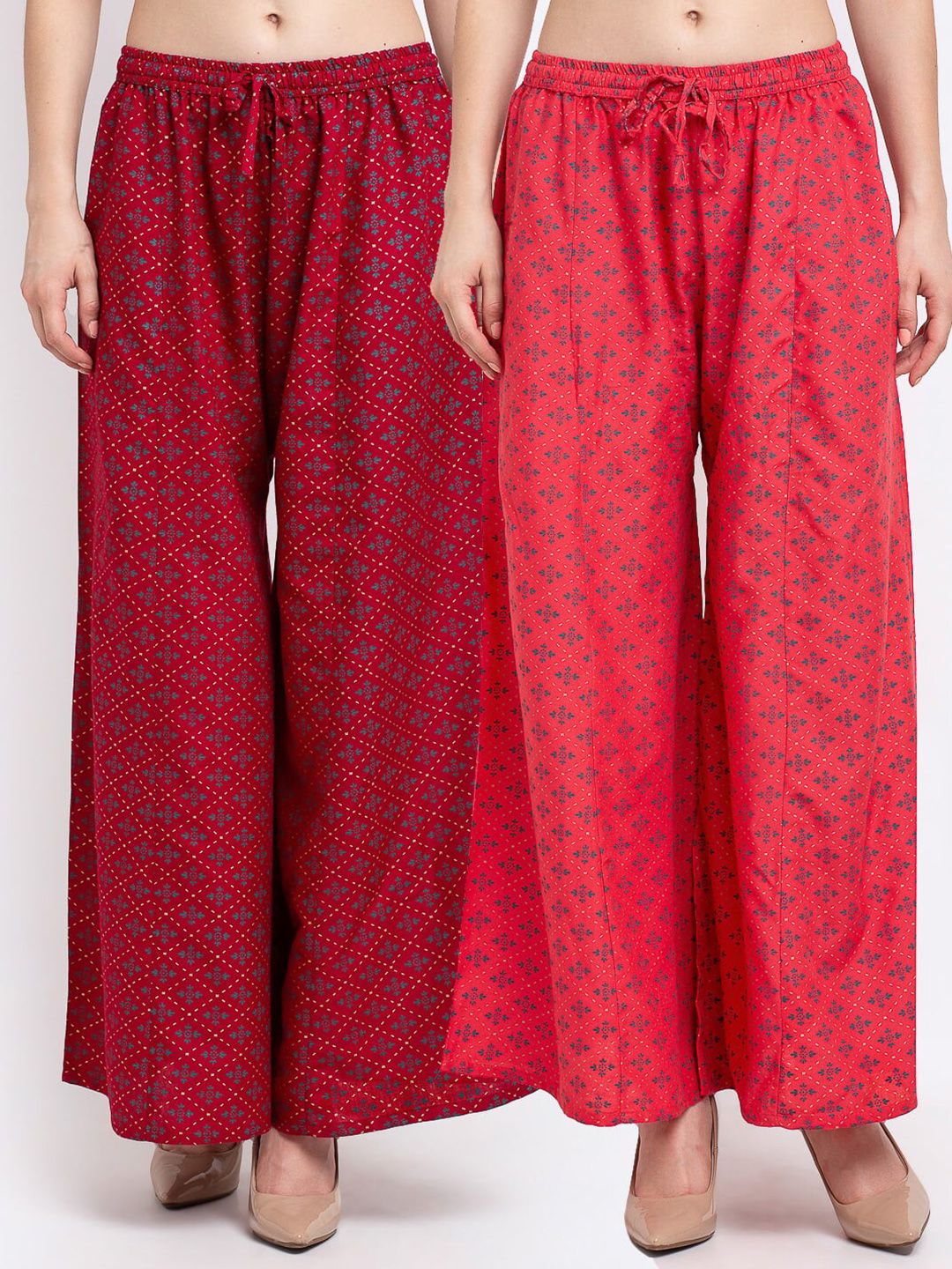 Jinfo Women Maroon & Orange Pack of 2 Floral Printed Flared Ethnic Palazzos Price in India