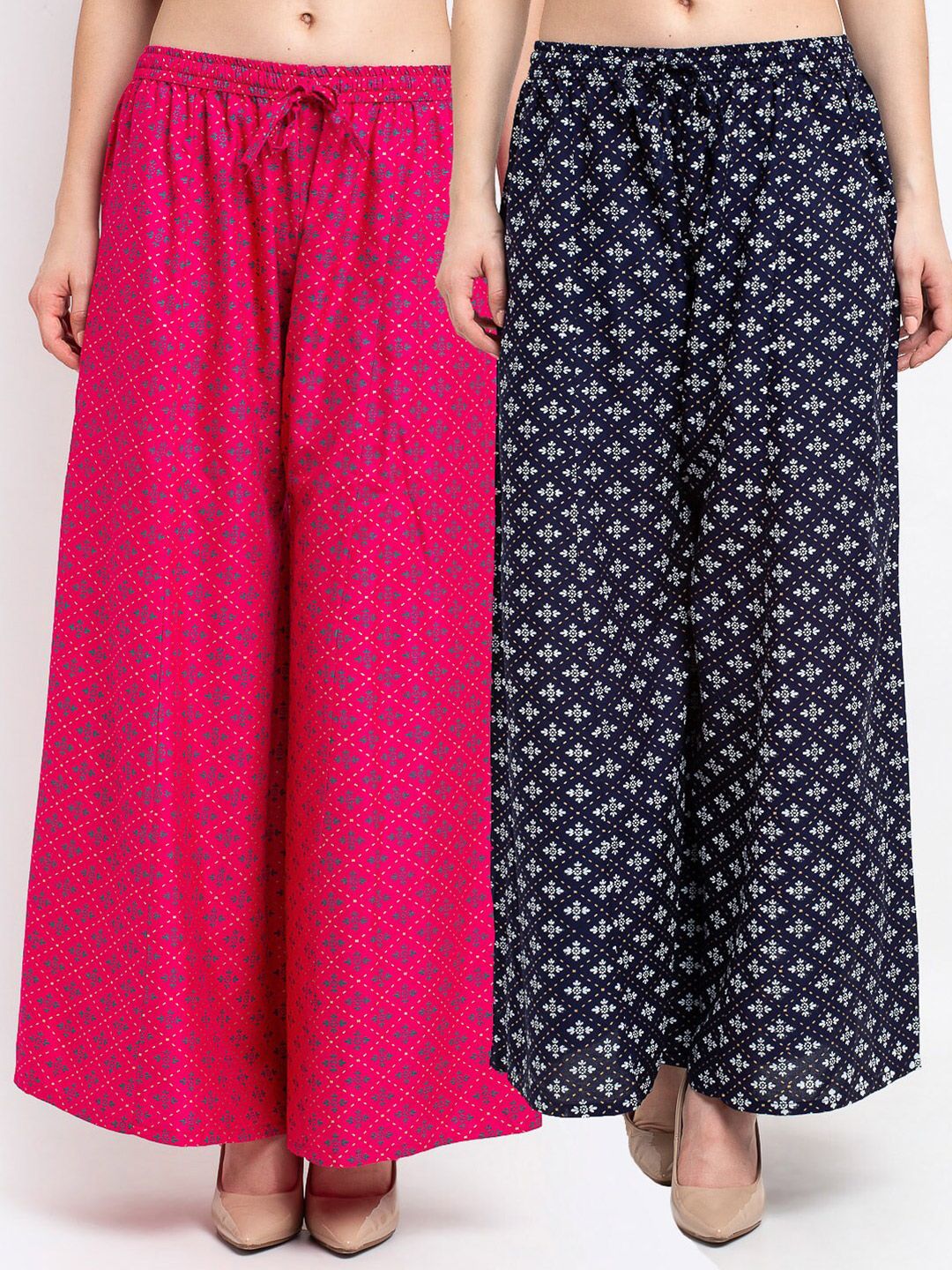 Jinfo Women Pink & Navy Blue Set Of 2 Ethnic Motifs Printed Flared Knitted Ethnic Palazzos Price in India