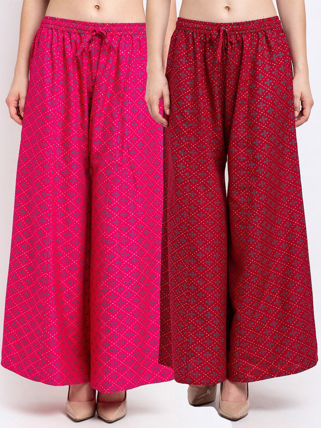 Jinfo Women Pink & Maroon Set of 2 Printed Flared Knitted Ethnic Palazzos Price in India