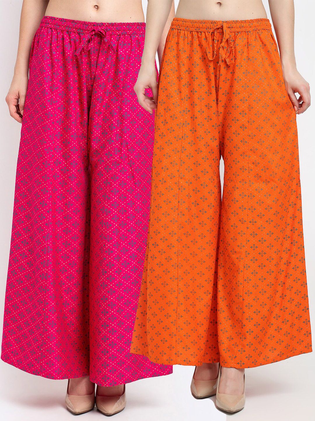 Jinfo Women Pink & Orange Pack of 2 Ethnic Motifs Printed Flared Ethnic Palazzos Price in India