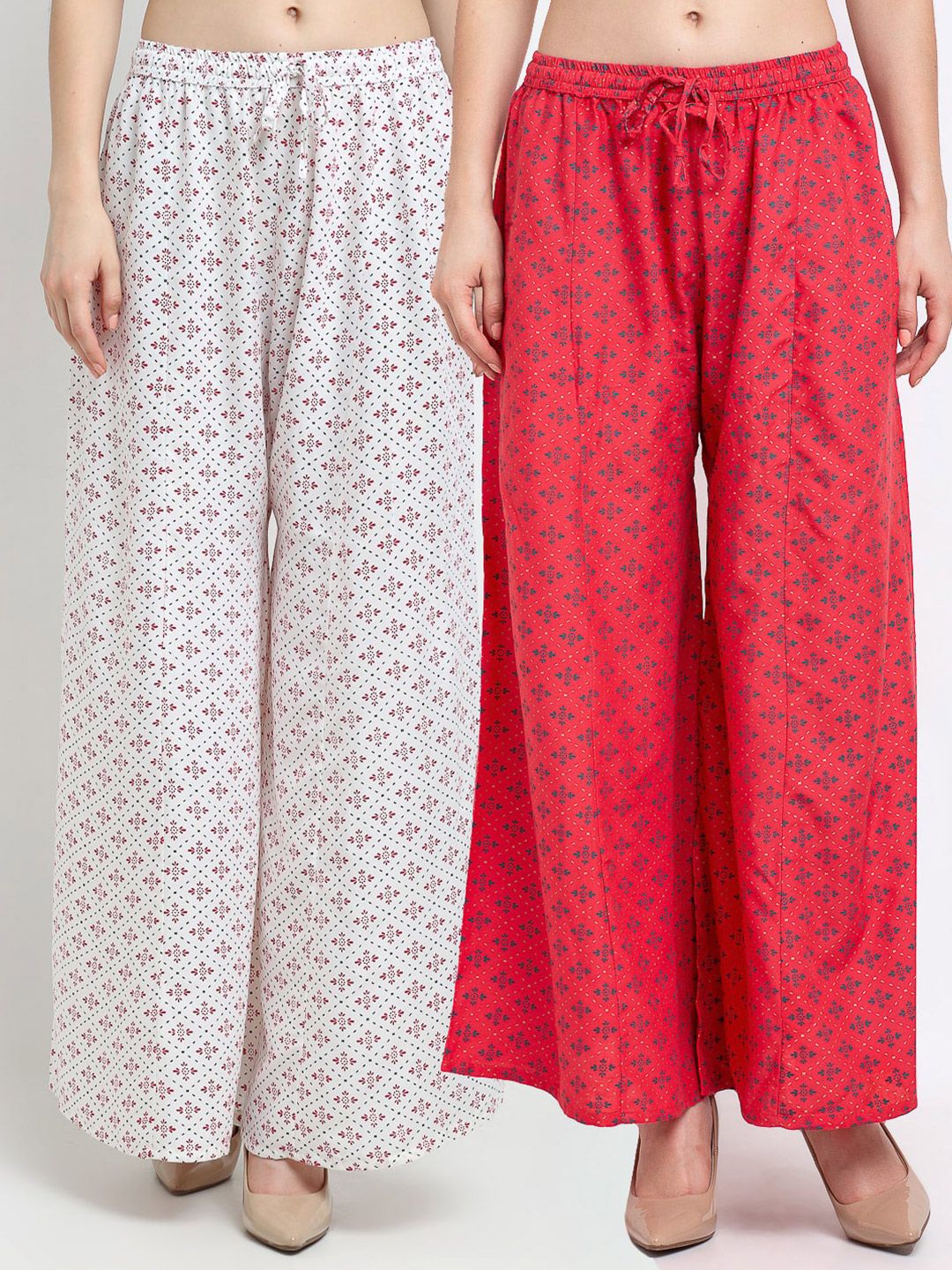 Jinfo Women White & Red Set Of 2 Printed Flared Knitted Ethnic Palazzos Price in India