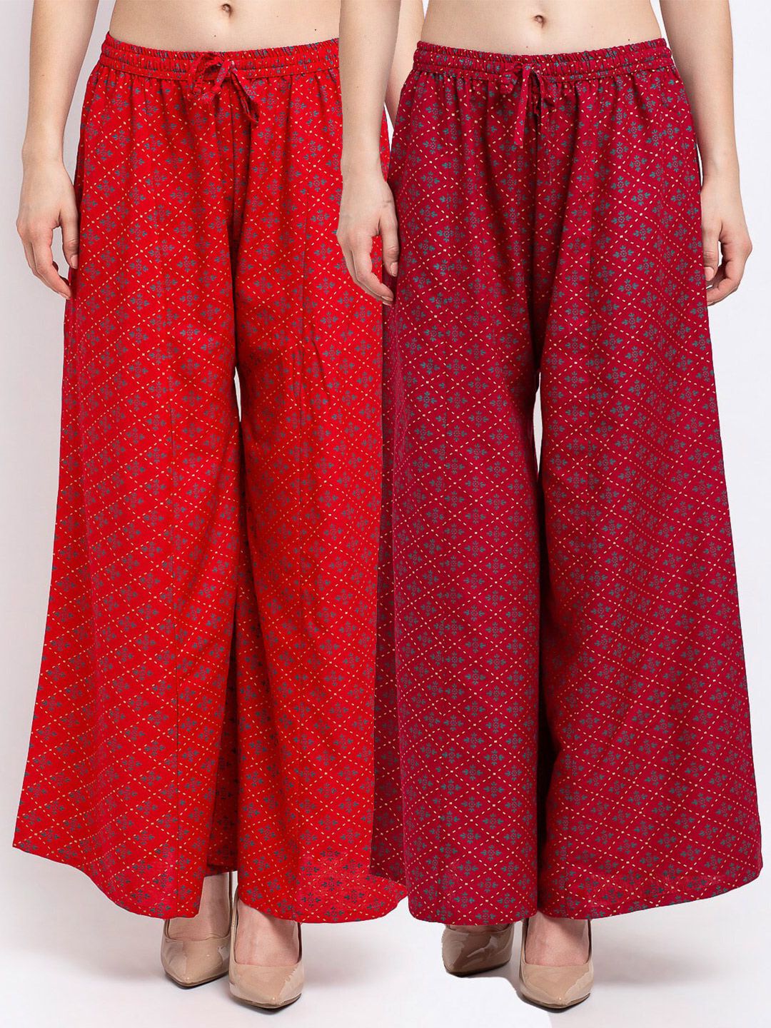 Jinfo Women Red & Maroon Pack of 2 Floral Printed Flared Ethnic Palazzos Price in India