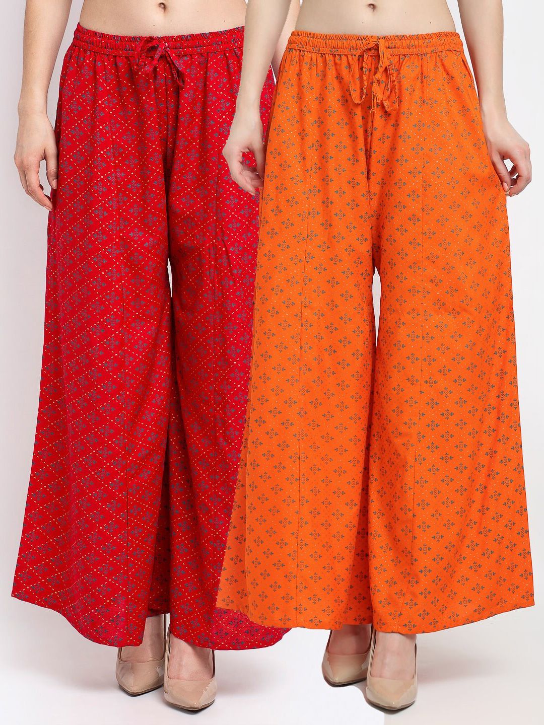 Jinfo Women Red & Orange Set Of 2 Ethnic Motifs Printed Flared Knitted Ethnic Palazzos Price in India