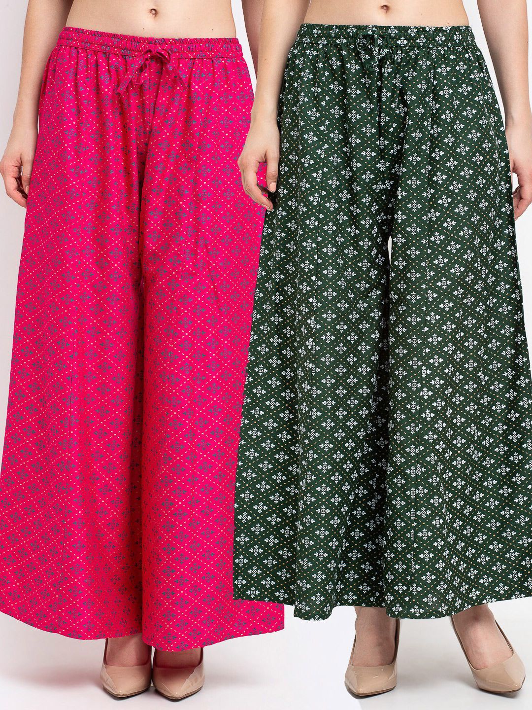 Jinfo Women Pink & Green Pack of 2 Floral Printed Flared Ethnic Palazzos Price in India