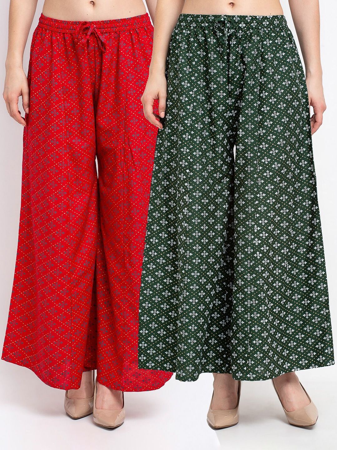 Jinfo Women Red & Green Set Of 2 Printed Flared Ethnic Palazzos Price in India