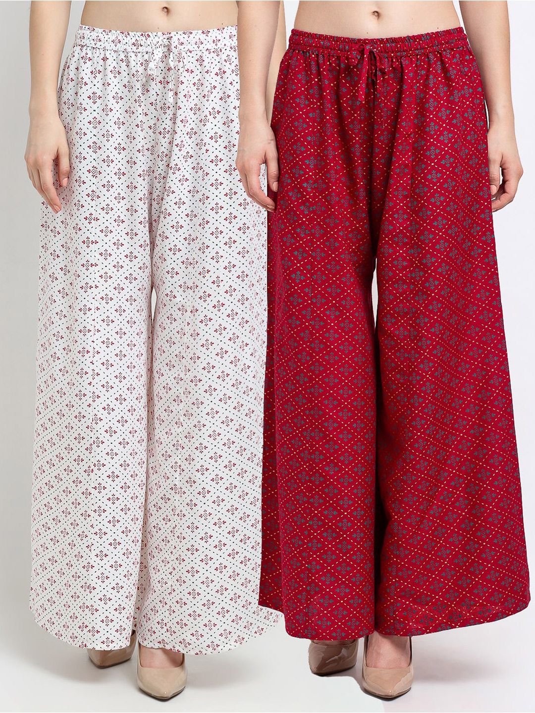 Jinfo Women White & Maroon Set Of 2 Printed Flared Knitted Ethnic Palazzos Price in India