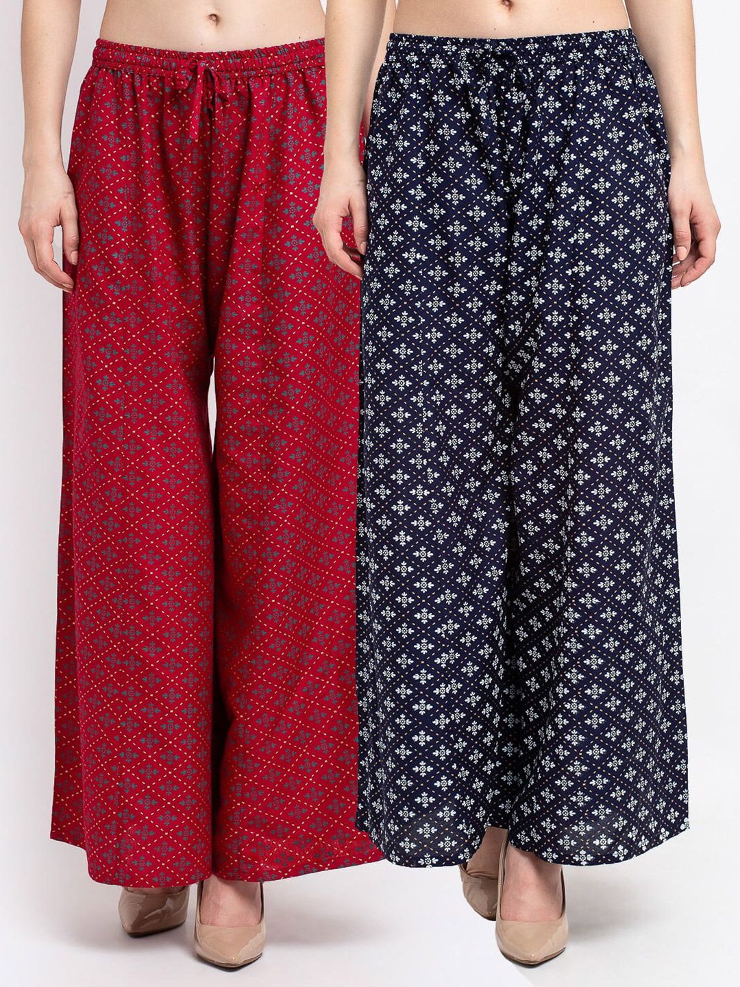 Jinfo Women Maroon & Blue Pack of 2 Floral Printed Flared Ethnic Palazzos Price in India