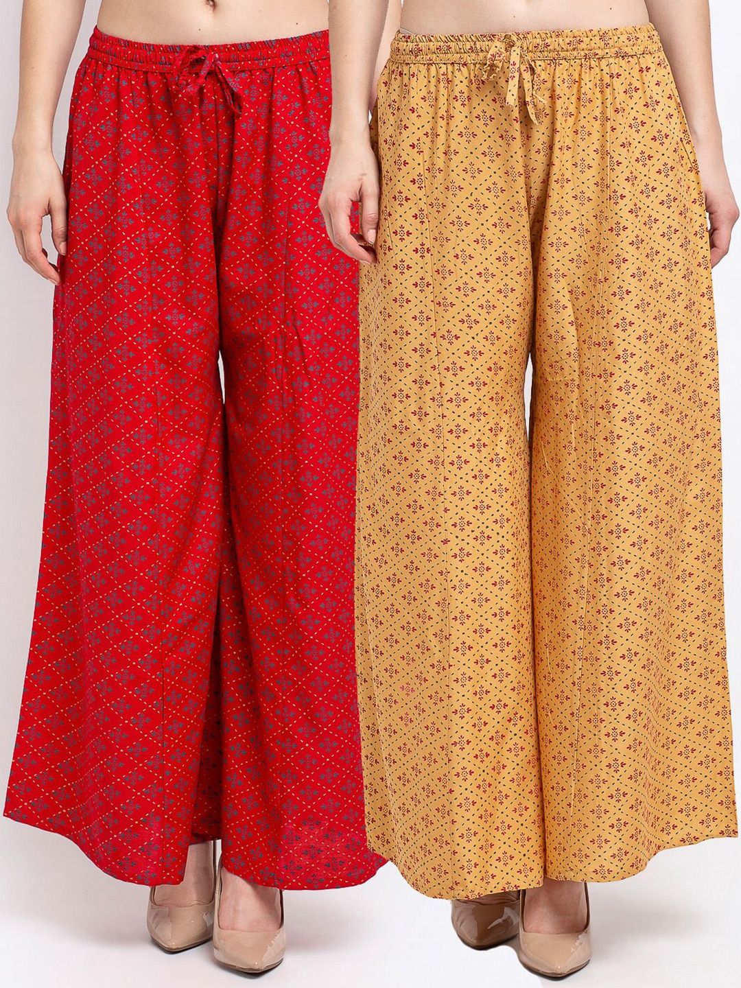 Jinfo Women Red & Beige Pack of 2 Floral Printed Flared Ethnic Palazzos Price in India