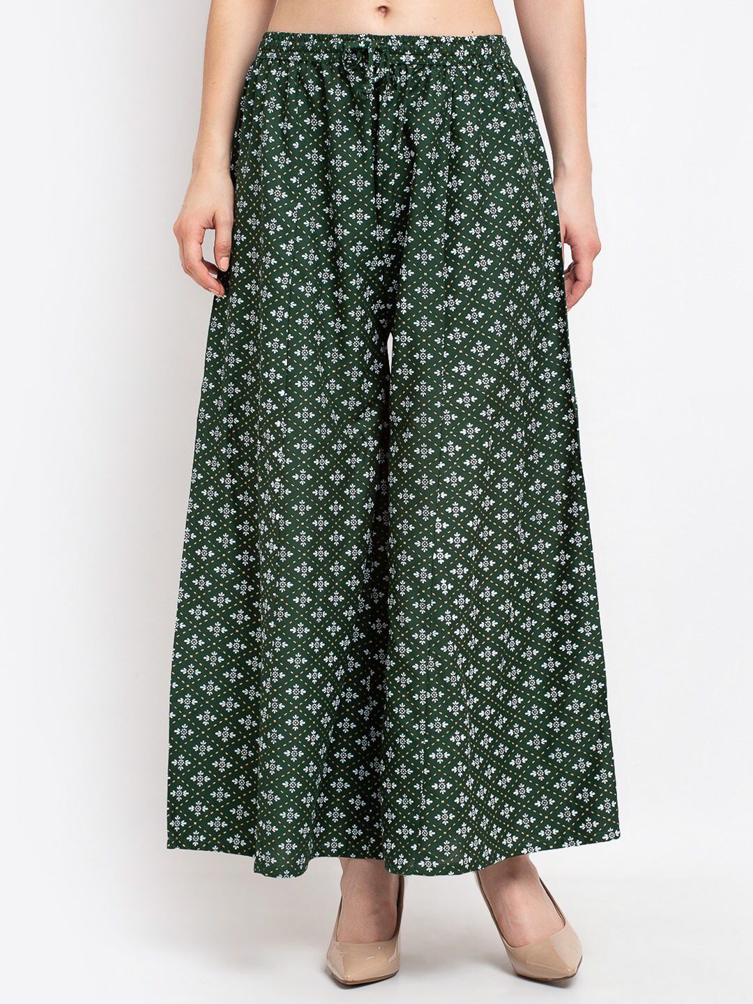 Jinfo Women Green Ethnic Motifs Printed Flared Knitted Ethnic Palazzos Price in India